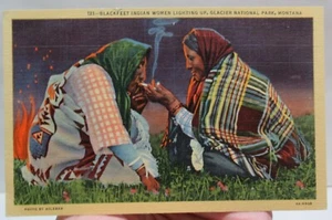 BLACKFEET INDIAN WOMEN LIGHTING UP, Glacier National - color - POST CARD - #3462 - Picture 1 of 11
