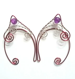 Handmade Pair Of Red & Silver Plated Purple Crackle Bead Elf Ear Cuffs! - Picture 1 of 3