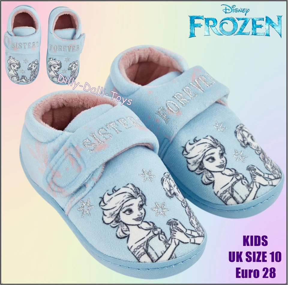 Disney Frozen Girls Slippers UK Size 10 Anna & Elsa Sisters Blue Easy Fasten NEW - Image 1 of 4