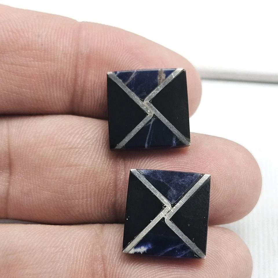 Vintage Sterling Silver Sodalite & Onyx Inlay Cufflinks Taxco Mexico Tt-54 925 - Изображение 1 из 4