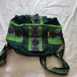 Pinzon Backpack Mexico Woven Drawstring Unisex Boho Bag Green Ethnic - Picture 1 of 6