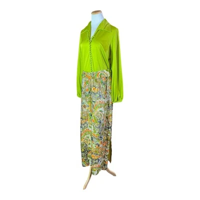 Vintage 1970s Size 18 Hostess Dress Belted Green Metallic Gold *Flaws - Image 1 of 4