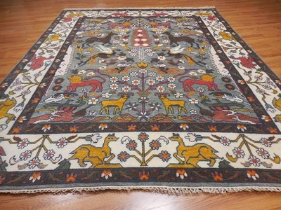 Alfombra turca Oushak, (árbol de la vida) alfombra de león de caza, alfombra bohemia hecha a mano, 8x10 pies Foto 1 de 4