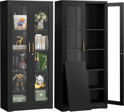 Nueva Vitrina con Puertas de Cristal, Coleccionables 71"H Negro, Mueble de Oficina MetaL Foto 1 de 4