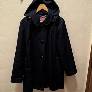 Kate Spade Women’s Hooded Midi Trench Coat Black Snaps Lined Polyester Sz Large - Picture 1 of 16
