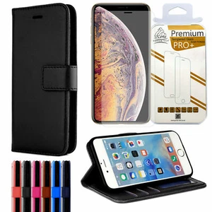 Classic Leather Wallet Case and Tempered Glass for iPhone 11 Pro Max XR XS 10 8 - Picture 1 of 12