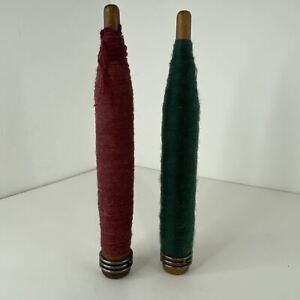 Lot of 2 Maroon and Green Antique Industrial Wooden Textile Spools With Thread