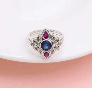 925 Sterling Silver Blue Sapphire and Ruby Diamond Engagement Ring Women's Gift - Picture 1 of 6