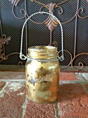 Lanterna decorativa dourada metálica pendurada frasco de vidro para pedreiro marcado conservas - Imagem 1 de 4