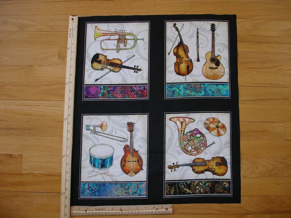 Musical Trumpet Drum French Horn Cello (B) Cotton Quilt Fabric Panel Blocks (4) - Image 1 of 1
