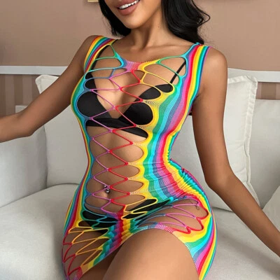 Mini vestido corto babydoll sin mangas de malla transparente hueco de red para mujer Foto 1 de 4