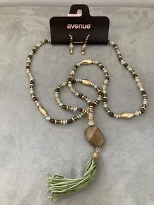 Avenue Gold Brown Green Beaded Necklace Tassel w/ Earrings Set NWT - Picture 1 of 6