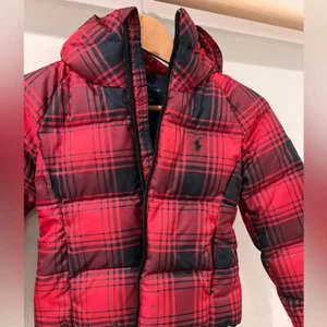Polo Ralph Lauren kids red black plaid down puffer jacket hooded sz small 7 - Picture 1 of 7
