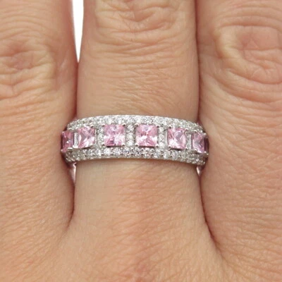 925 Sterling Silver White & Pink C Z All Around Eternity Band Ring Size 9.25 - Image 1 of 4