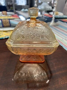Vintage Jeanette Amberina Lidded Candy Dish Box Carnival Glass Acorn Pattern - Picture 1 of 5