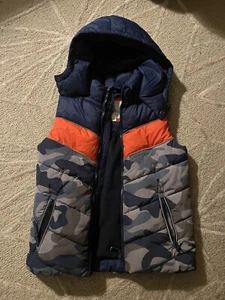Boden Mini Boden Boys 7-8 Y Puffer Vest Blue Gray Camo Orange Stripe Hooded Zip - Picture 1 of 6