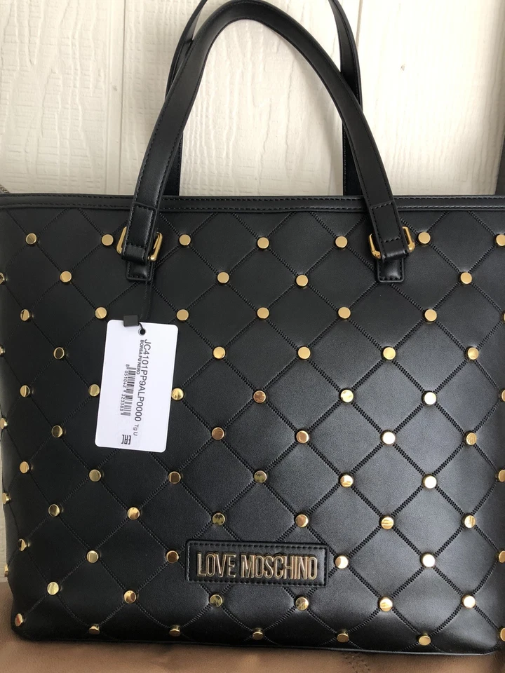Love Moschino Black Tote Gold Stud Logo Shoulder Bag BORSA PU NERO Handbag