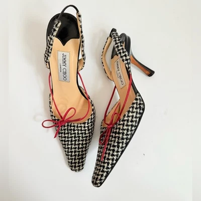 Jimmy Choo Vintage Negro Blanco Pata de Gallo Lana Rojo Delicado Cinta Bombas EU 37 Foto 1 de 4