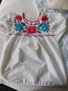 Vintage Mexican Womens Peasant Top L Hand made White Floral Folk Boho - Picture 1 of 1