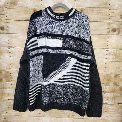复古 Street Scenes 毛衣男式 XL 黑色灰色几何粗针织羊毛混纺 — 第 1/4 张图片