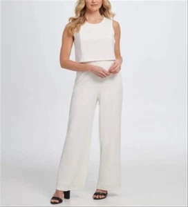 Chicos Black Label Crop Overlay Jumpsuit White Size 0 / US S/ 4 Wide Leg - Picture 1 of 11