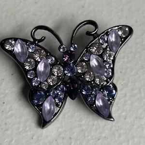 Butterfly Brooch Silver Tone Metal with Pink & Purple Rhinestones, 1.25” X 1.75” - Picture 1 of 3