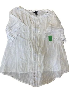 Blusa Forever 21 S rayón blanca con detalle de encaje y mangas 3/4 - Imagen 1 de 6