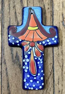 Cruz de Talavera colgante de pared católica cristiana mexicana arte popular cerámica - Imagen 1 de 3