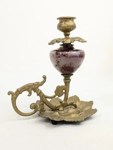 Gold Metal Candle Holder Vintage Ornate Leaf Marbled Purple Column Chamberstick - Picture 1 of 24