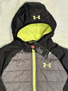 NEW UNDER ARMOUR PUFFER COAT M BOYS QUARTERED NEON BLACK GRAY COLDGEAR - Picture 1 of 7