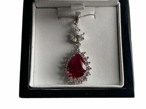 White gold finish Red Ruby And Created diamond Pear cut Dangle Necklace - Picture 1 of 5