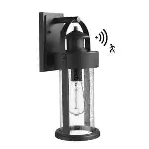 JAZAVA Black Motion Sensing Dusk to Dawn Outdoor Wall Lantern Scone Seeded Shade - Picture 1 of 5