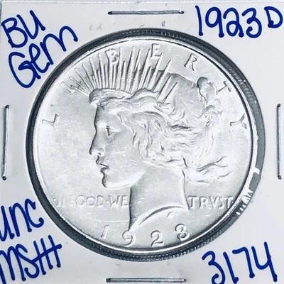 Dólar de la paz de plata sin circular 1923 D BU AUTÉNTICO COMO NUEVO ENVÍO GRATUITO 3174 Foto 1 de 3