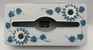 VTG Fine Arts Studio Hand Painted Metal Tissue Box 3D Flowers Blue White MCM - Picture 1 of 12