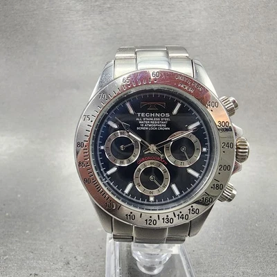Technos Chronograph Watch Men 39mm Black Dial Silver Tone Round New Battery - Image 1 of 4