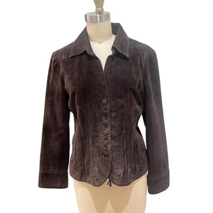 Suede Leather Y2K Brown Jacket Womens Petite Large Snap Up Fitted Western Lined - Picture 1 of 8