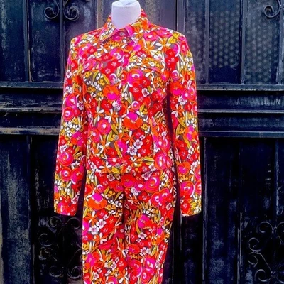 David Meister Años 70 Estampado Floral Traje Chaqueta Pantalones Conjunto Naranja Rosa Retro, 8 Foto 1 de 4