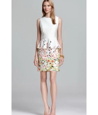 Karen Millen Women's Sleeveless Peplum Dress Floral Print White Back Zip US 4 - Image 1 of 4