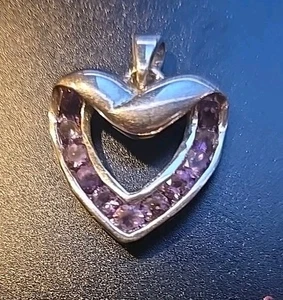 Vintage 925 Sterling Silver, Faceted Amethyst Stones -  Heart Pendant 1 " - Picture 1 of 2