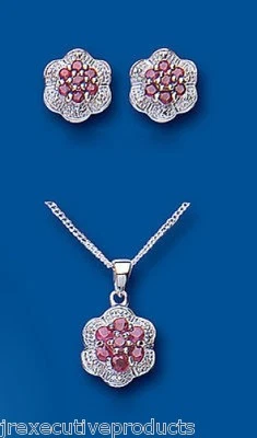 Ruby and Diamond Set Solid Sterling Silver Pendant and Stud Earrings - Image 1 of 3