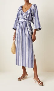 MARA HOFFMAN NET SUSTAIN sz M Luz Belted Striped Organic Cotton-Blend Midi Dress - Picture 1 of 5