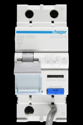 HAGER 10 AMP CURVE B 6kA 30mA DOUBLE POLE RCBO TYPE A ADA910U 101168 - Image 1 of 4