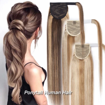 100% Remy Ponytail Clip In Wrap Around Pony Tail Human Hair Extensions Thick Icy - Image 1 of 4