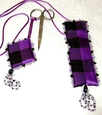Purple & Black Check Beaded Ribbon Scissor Case & Pincushion W/ Scissor - NEW - Image 1 of 3