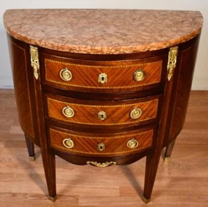 1890 Antique French Louis XV Walnut Satinwood inlay & Marble top Demi-lune - Picture 1 of 16