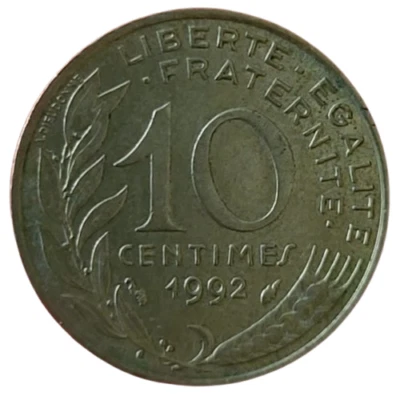 France 10 Centimes 1992 Coin KM#929 Marianne Design Fifth Republic - Image 1 of 2