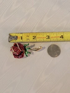 MONET Red Rhinestone Rose Long Gold Tone Stem Green Accent  Flower Brooch Pin  - Picture 1 of 4