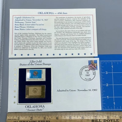 OKLAHOMA 22kt Gold Stamps First Day Issue 32 Cent STATES OF THE UNION - Image 1 of 4