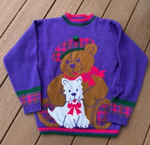 AMERICANA Girls Vintage Knit Sweater Teddy Bear Terrier Scotty Dog Large - Picture 1 of 2