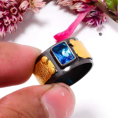 Anillo Londres Topacio Azul Chapado en Oro Negro Plata de Ley 925 s.6.5 Sku37 Foto 1 de 4